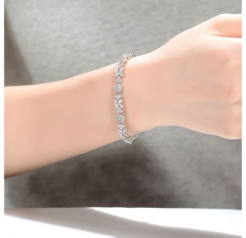Lab Created Sterling Silver White Gold Plated with Clear Round and Marquise Cubic Zirconia Cluster Flower-Inspired Tennis Bracelet