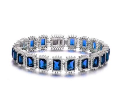 Rozzato Lab Created Sterling Silver White Gold Plated with Sapphire Blue Cubic Zirconia Rectangular Halo Cluster Link Vintage Tennis Bracelet
