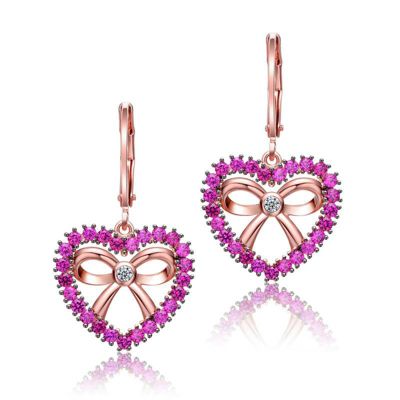 Rozzato Lab Created 18k Rose Gold Plated with Ruby Cubic Zirconia Infinity Ribbon & Heart Dangle Earrings for Kids
