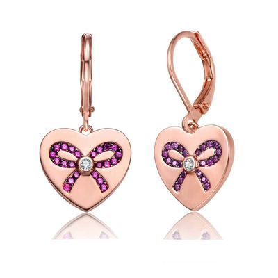 Rozzato Lab Created 18K Rose Gold Plated with Cear Cubic Zirconia Infinity Ribbon Paved on Heart Shaped Dangle Earrings for Kids/ Teens
