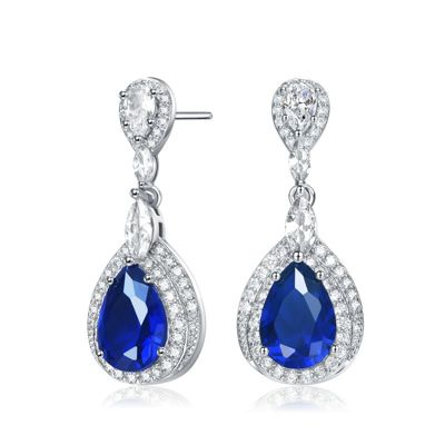 Rozzato Lab Created Dazzling White Gold Plated with Sapphire Blue Cubic Zirconia Double Halo Dangle Earrings
