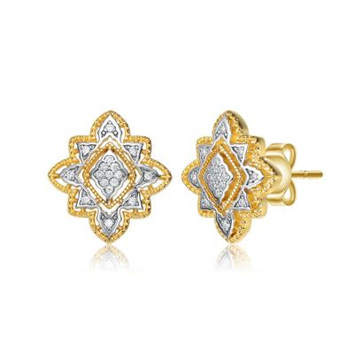 Rozzato Lab Created Two-Tone with 4-Prong Clear Cubic Zirconia Floral Stud Earrings