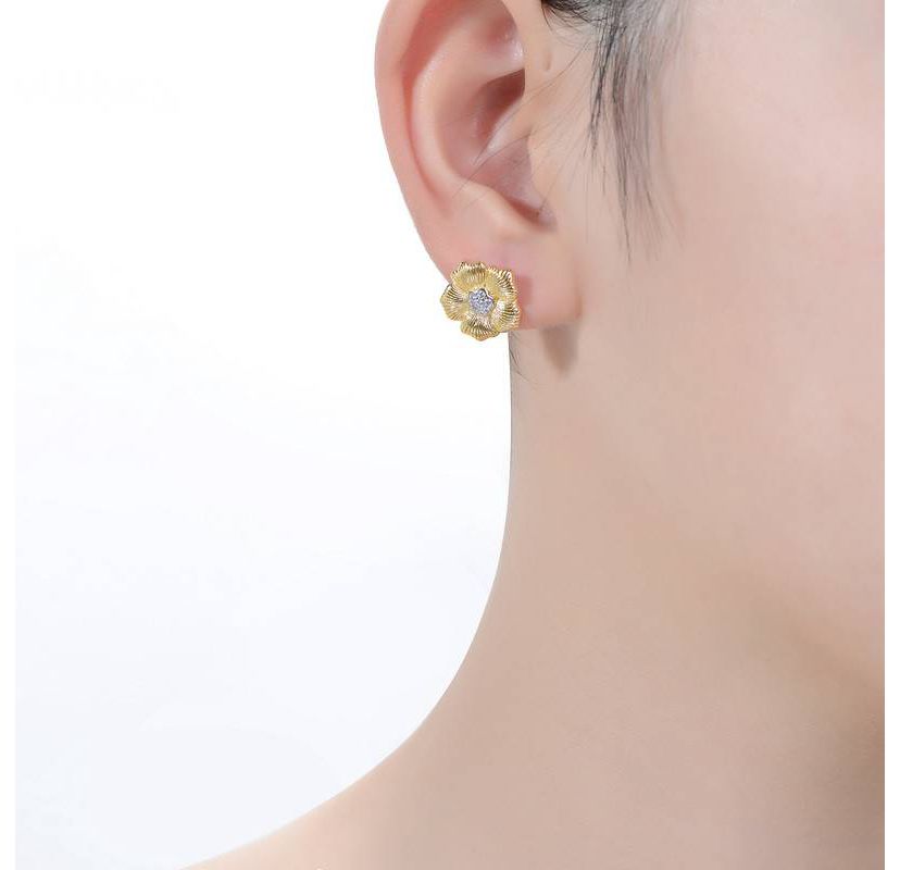 Lab Created Elegant Two-Tone with Clear Cubic Zirconia Floral Stud Earrings
