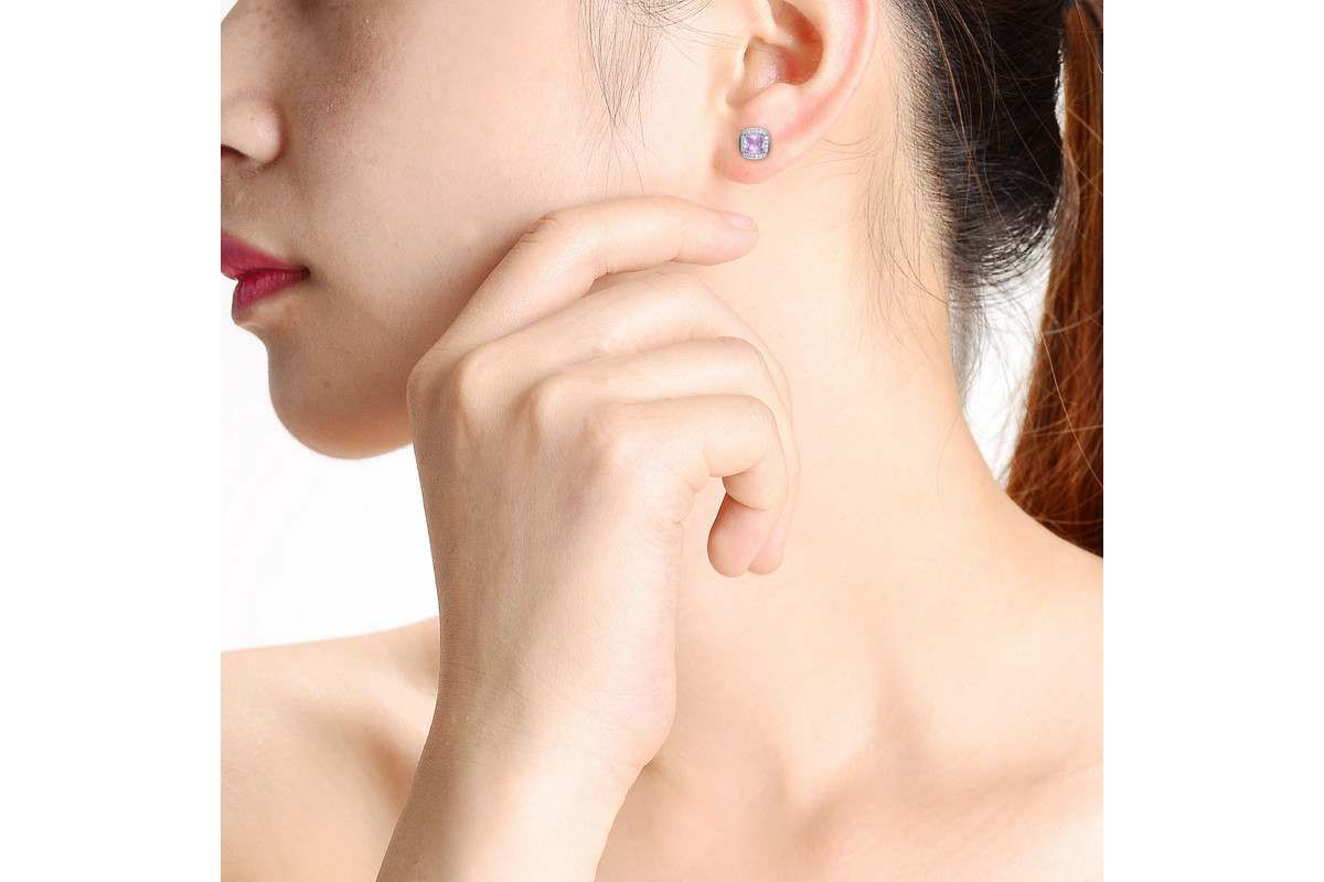 Lab Created Chic White Gold Plated with Pink Cubic Zirconia Square Stud Earrings