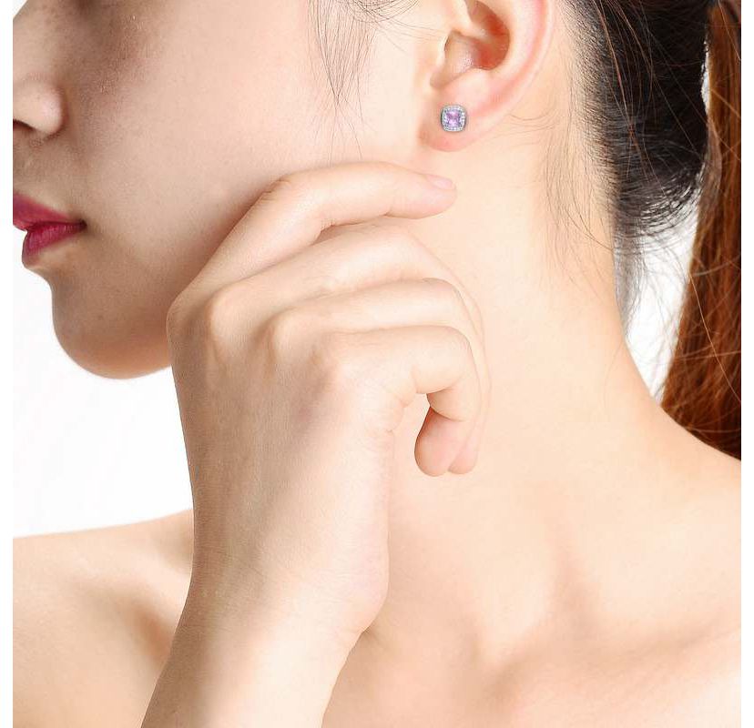 Lab Created Chic White Gold Plated with Pink Cubic Zirconia Square Stud Earrings