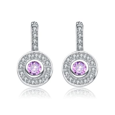Rozzato Lab Created Modern White Gold Plated with Pink Cubic Zirconia Round Drop Earrings