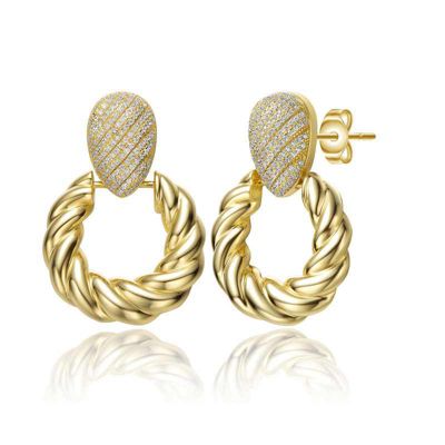 Rozzato Lab Created 14K Gold Plated with Clear Cubic Zirconia Pave Twisted Rope Drop Hoop Door Knocker Earrings