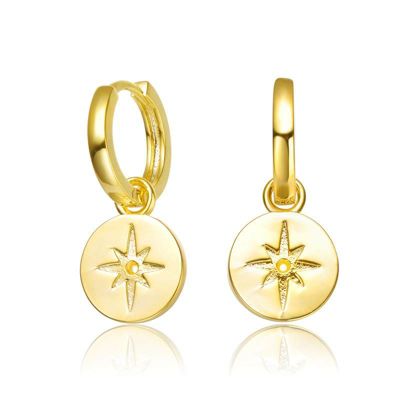 Rozzato Lab Created 14K Gold Plated With Star paved on Round Bar Drop Earrings for Kids Teens