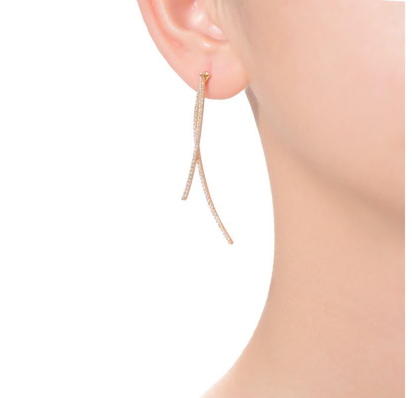 Lab Created Modern 14K Gold Plated with Clear Cubic Zirconia Thin Statement Earrings