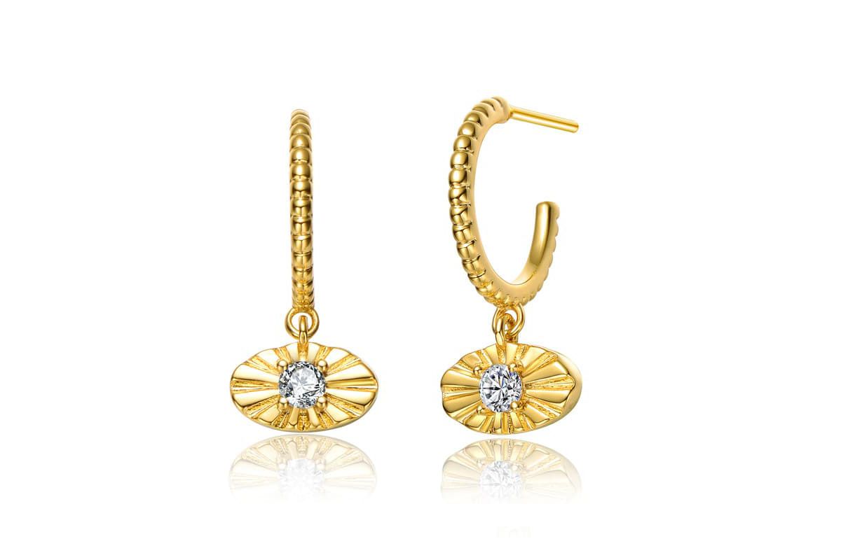 Lab Created 14K Gold Plated with Prong Set Clear Cubic Zirconia Round Dangle & Open Hoop Earrings