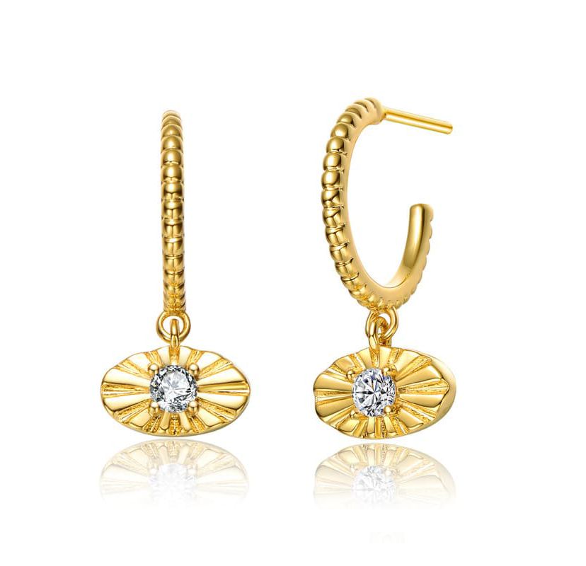 Lab Created 14K Gold Plated with Prong Set Clear Cubic Zirconia Round Dangle & Open Hoop Earrings