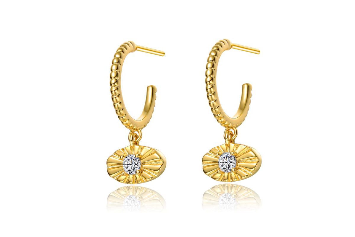 Lab Created 14K Gold Plated with Prong Set Clear Cubic Zirconia Round Dangle & Open Hoop Earrings