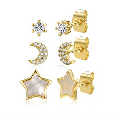 Rozzato Lab Created 14K Gold Plating Stunning 3-Piece Astrological Zodiac Galaxy with Mother of Pearl & Cubic Zirconia Stud Earrings