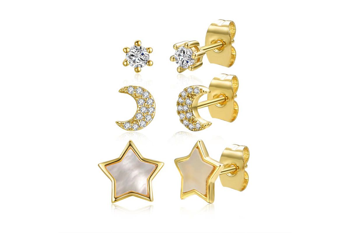 Lab Created 14K Gold Plating Stunning 3-Piece Astrological Zodiac Galaxy with Mother of Pearl & Cubic Zirconia Stud Earrings