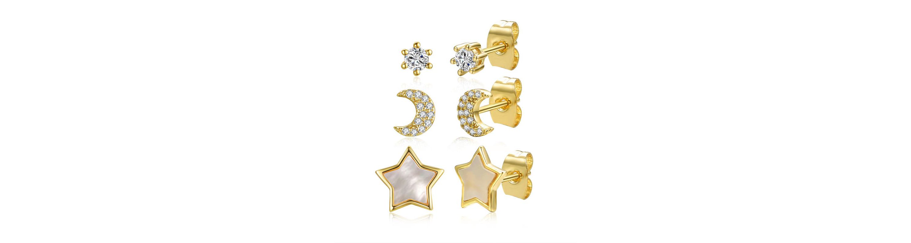 Lab Created 14K Gold Plating Stunning 3-Piece Astrological Zodiac Galaxy with Mother of Pearl & Cubic Zirconia Stud Earrings