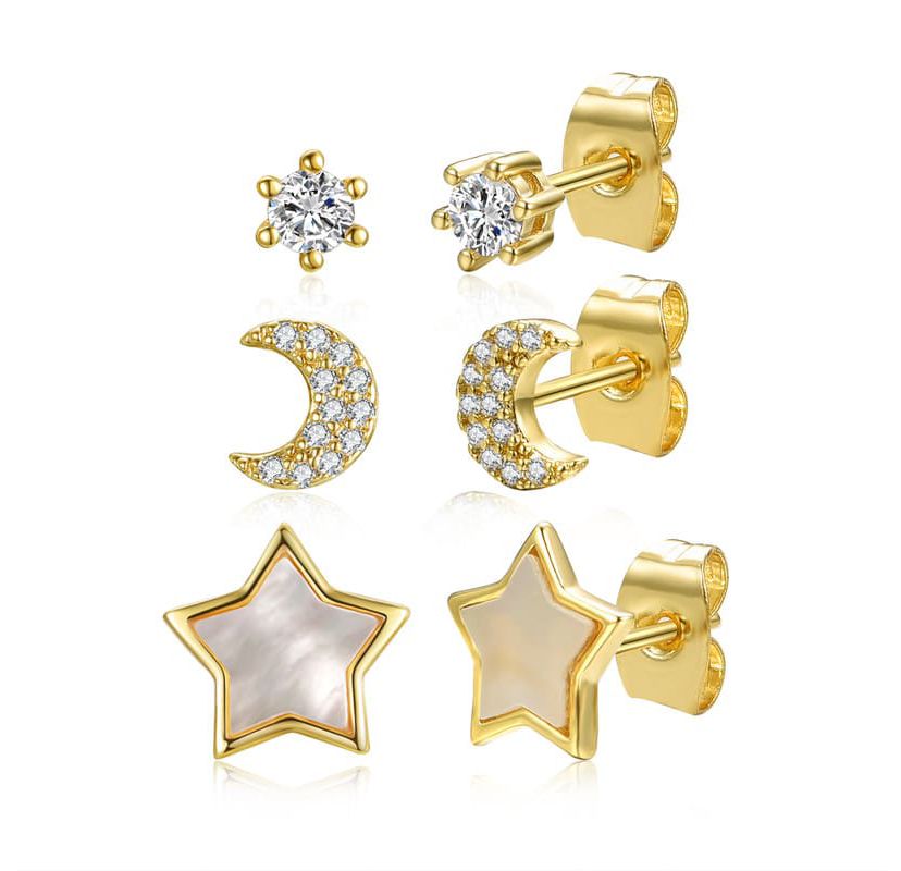 Lab Created 14K Gold Plating Stunning 3-Piece Astrological Zodiac Galaxy with Mother of Pearl & Cubic Zirconia Stud Earrings