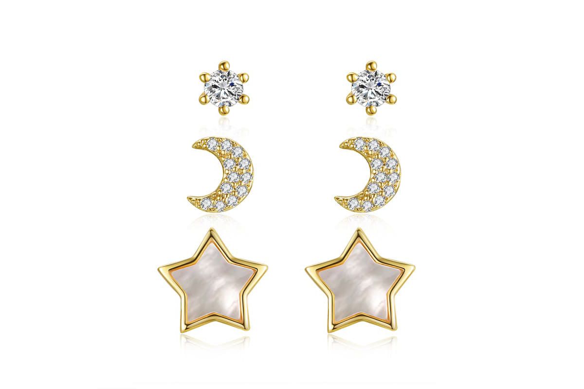 Lab Created 14K Gold Plating Stunning 3-Piece Astrological Zodiac Galaxy with Mother of Pearl & Cubic Zirconia Stud Earrings