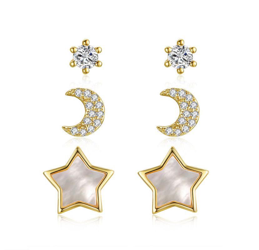 Lab Created 14K Gold Plating Stunning 3-Piece Astrological Zodiac Galaxy with Mother of Pearl & Cubic Zirconia Stud Earrings