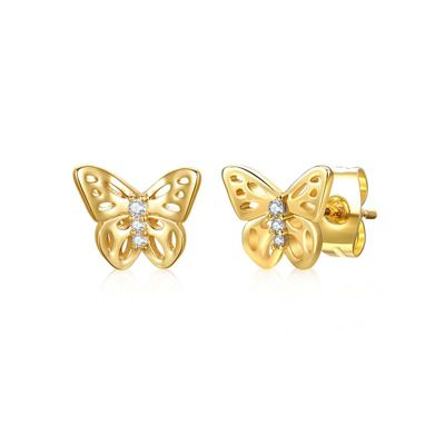 Rozzato Lab Created 14K Gold Plated with Colored Cubic Zirconia 3-Stone Filigree Butterfly Stud Earrings for Kids