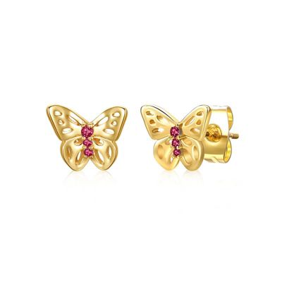 Rozzato Lab Created 14K Gold Plated with Colored Cubic Zirconia 3-Stone Filigree Butterfly Stud Earrings for Kids, Red