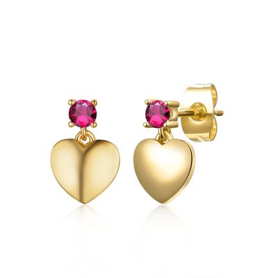 Rozzato Lab Created 14K Gold Plated with Ruby Red Cubic Zirconia Heart Dangle Earrings for Kids