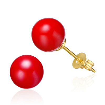 Rozzato Lab Created 14K Gold Plated Stud Earrings with Red Enamel Round Pearl for Kids
