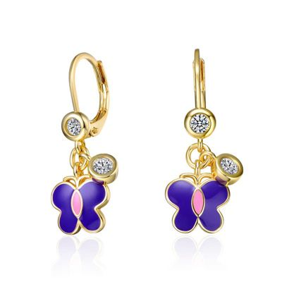 Rozzato Lab Created 14K Gold Plated Butterfly Dangling earrings with Amethyst Enamel and Clear Cubic Zirconia for Kids
