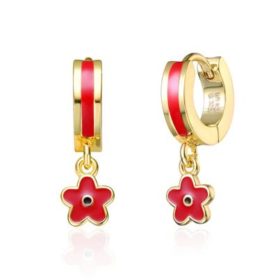 Rozzato Lab Created 14K Gold Plated with Red Enamel Dangle Flower Earrings for Toddler/Kids
