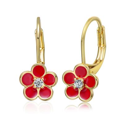 Rozzato Lab Created 14K Gold Plated with Red Enamel and Cubic Zirconia Flower Dangle Earrings