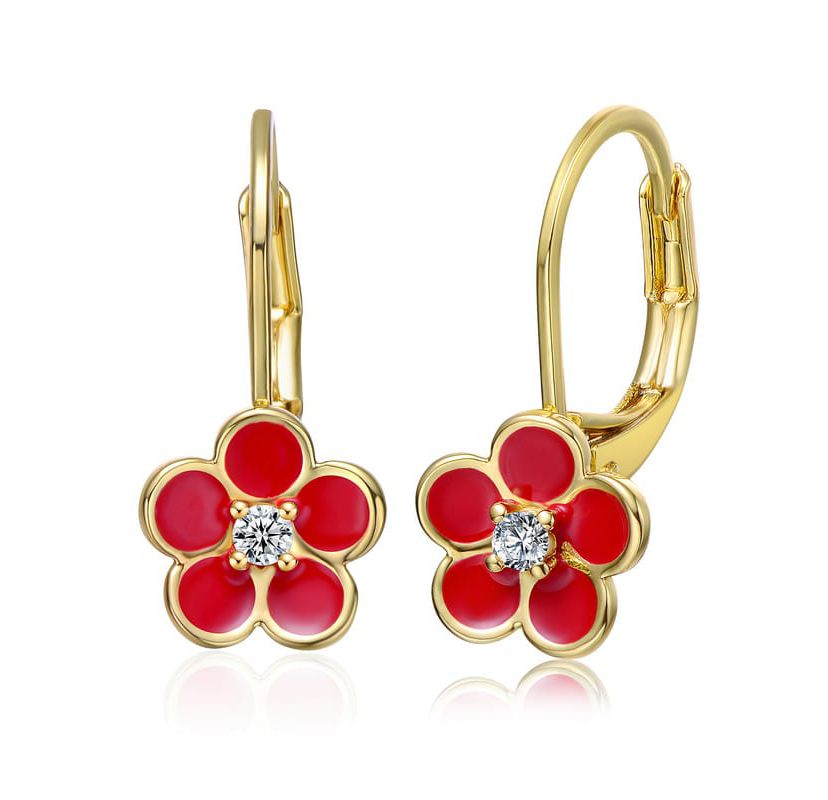 Lab Created 14K Gold Plated with Red Enamel and Cubic Zirconia Flower Dangle Earrings