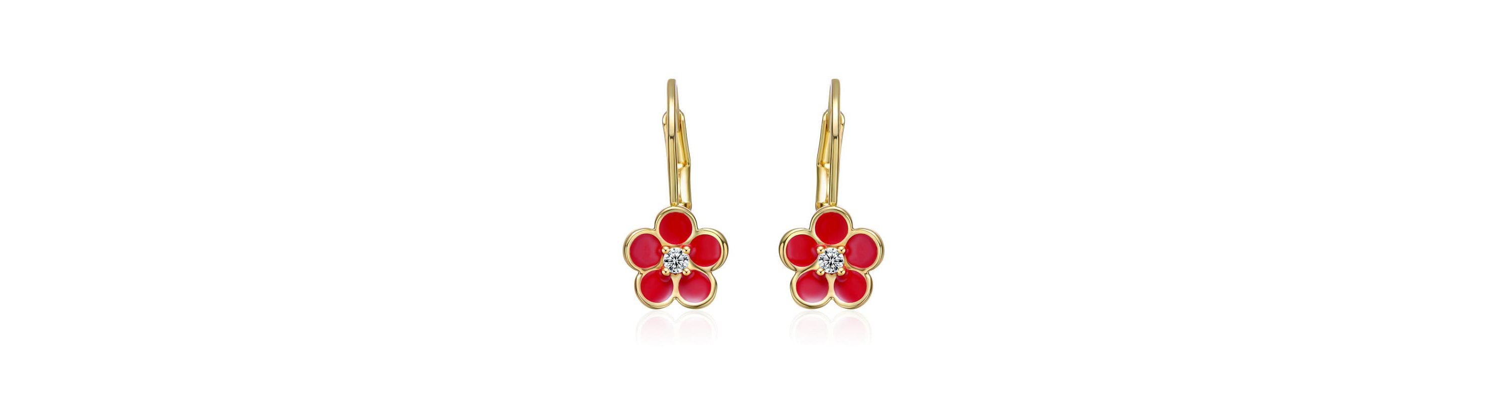 Lab Created 14K Gold Plated with Red Enamel and Cubic Zirconia Flower Dangle Earrings