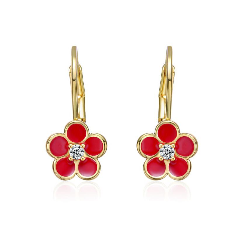 Lab Created 14K Gold Plated with Red Enamel and Cubic Zirconia Flower Dangle Earrings