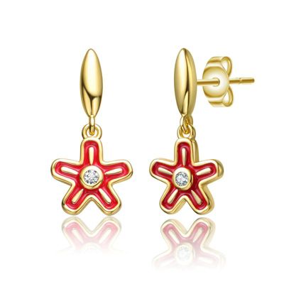 Rozzato Lab Created 14K Gold Plated with Clear Cubic Zirconia & Red Enamel Dangle Star Flower Earrings for Kids