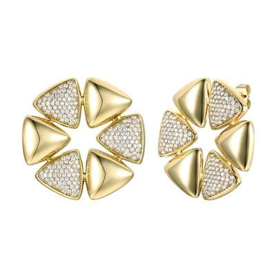 Rozzato Lab Created 14K Gold Plated with Clear Cubic Zirconia Pave Large Modern Abstract Flower Stud Earrings