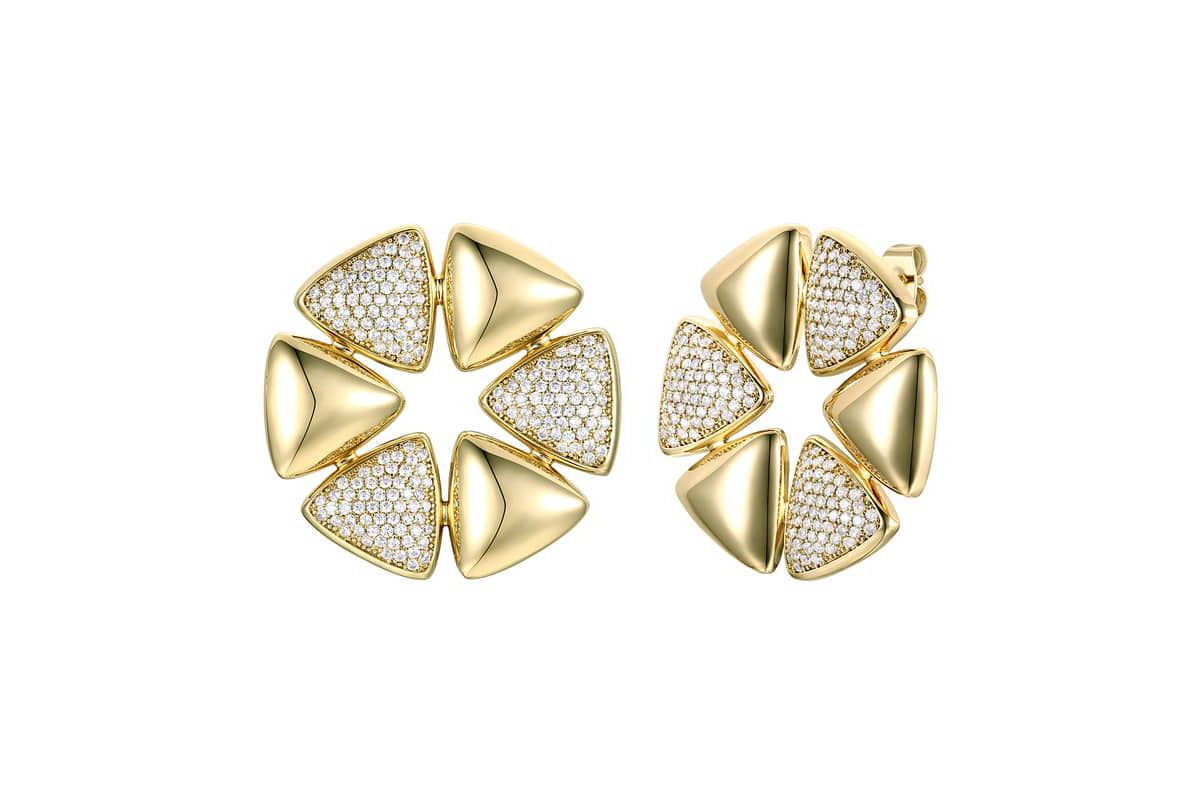 Lab Created 14K Gold Plated with Clear Cubic Zirconia Pave Large Modern Abstract Flower Stud Earrings