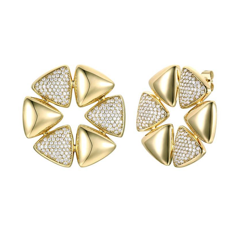 Lab Created 14K Gold Plated with Clear Cubic Zirconia Pave Large Modern Abstract Flower Stud Earrings