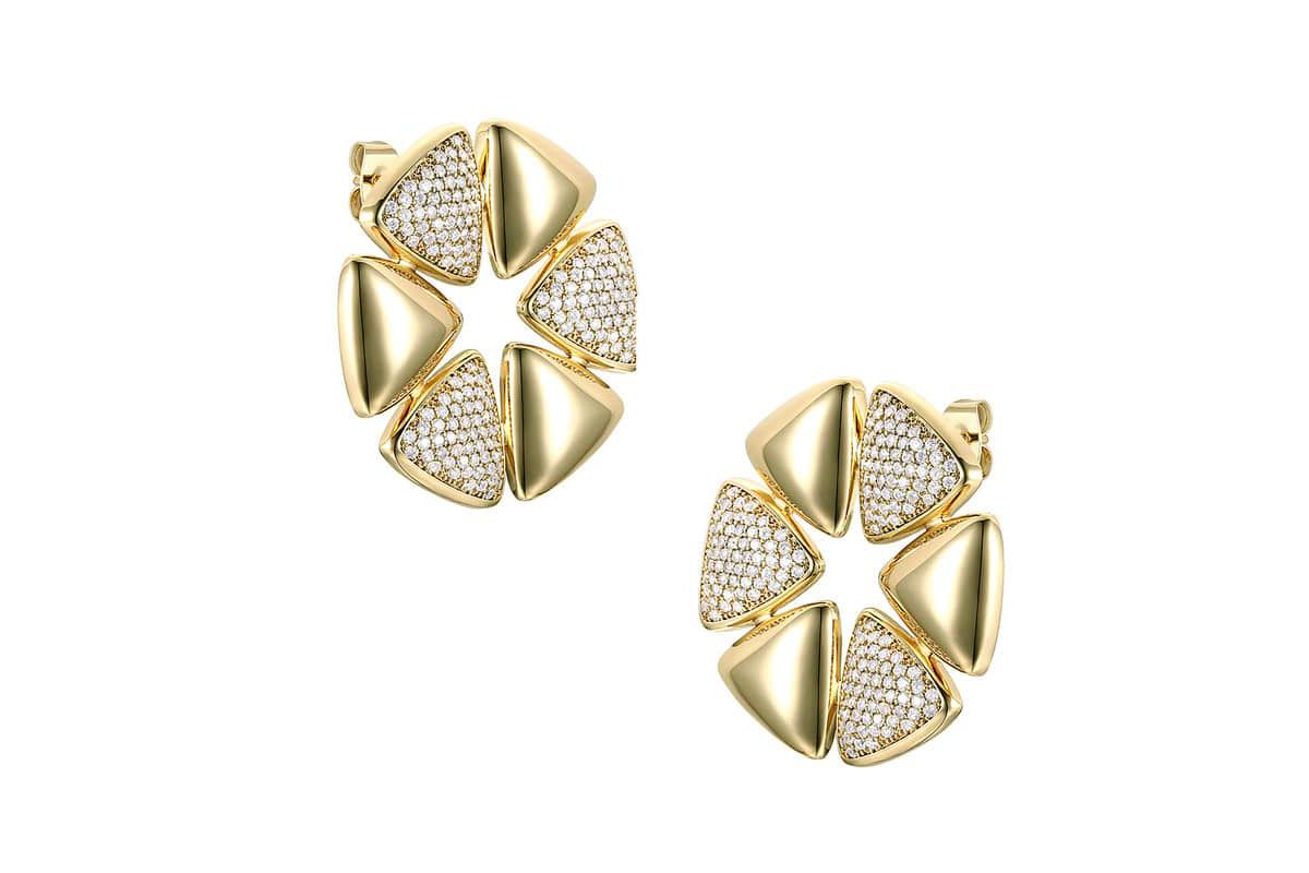 Lab Created 14K Gold Plated with Clear Cubic Zirconia Pave Large Modern Abstract Flower Stud Earrings