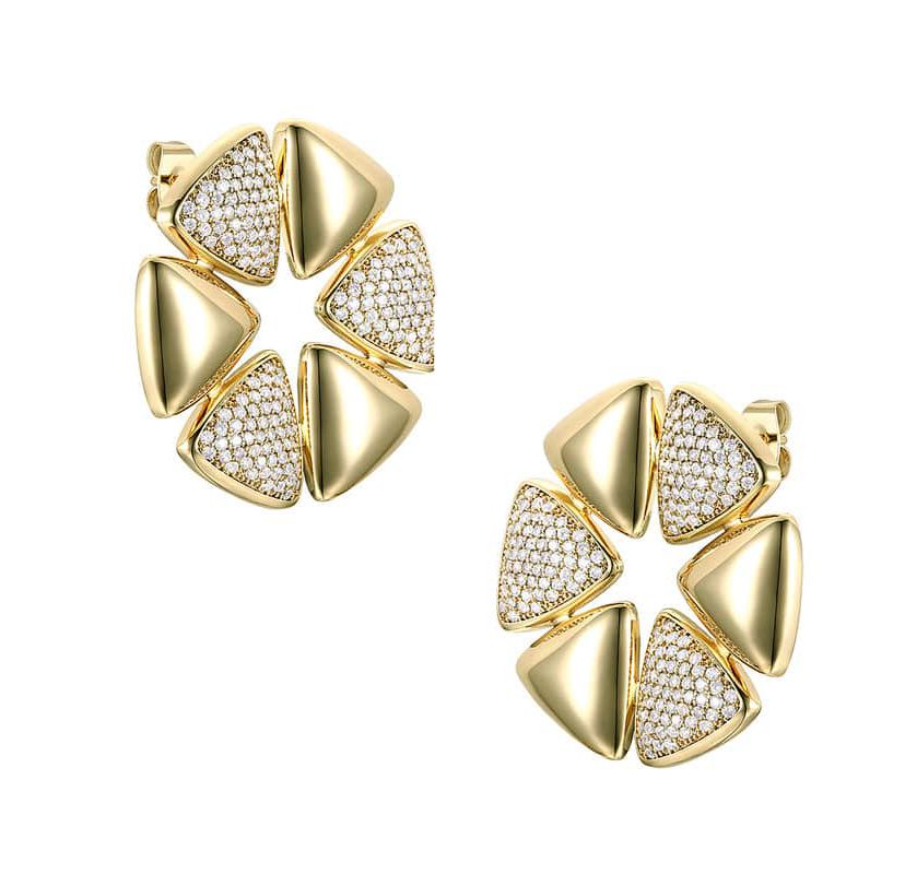 Lab Created 14K Gold Plated with Clear Cubic Zirconia Pave Large Modern Abstract Flower Stud Earrings