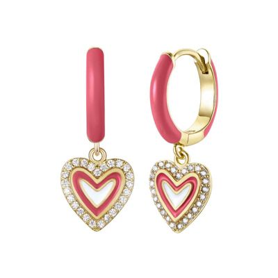 Rozzato Lab Created 14K Gold Plated with Clear Cubic Zirconia & Magenta-Red Enamel Halo Heart Dangle Charm Hoop Earrings for Kids/teens
