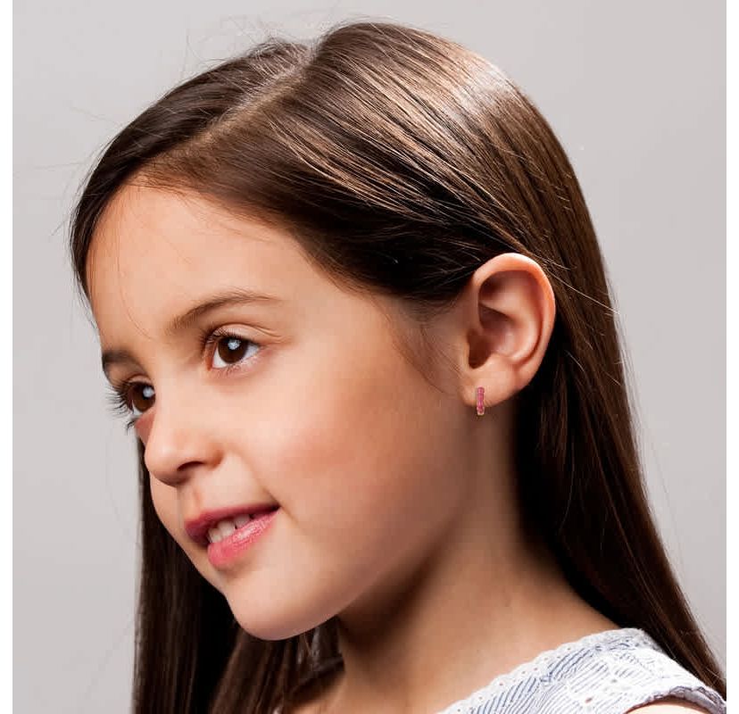Lab Created 14K Gold Plated with Magenta-Red Enamel Inlay Bubble Hoop Earrings for Kids