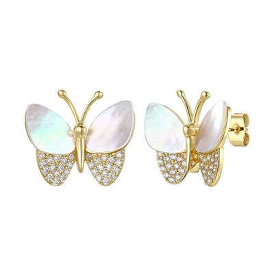 Rozzato Lab Created 14K Gold Plated Mother of Pearl & Cubic Zirconia Butterfly Stud Earrings
