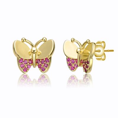 Rozzato Lab Created 14K Gold Plated with Ruby Cubic Zirconia Pave Butterfly Stud Earrings for Kids