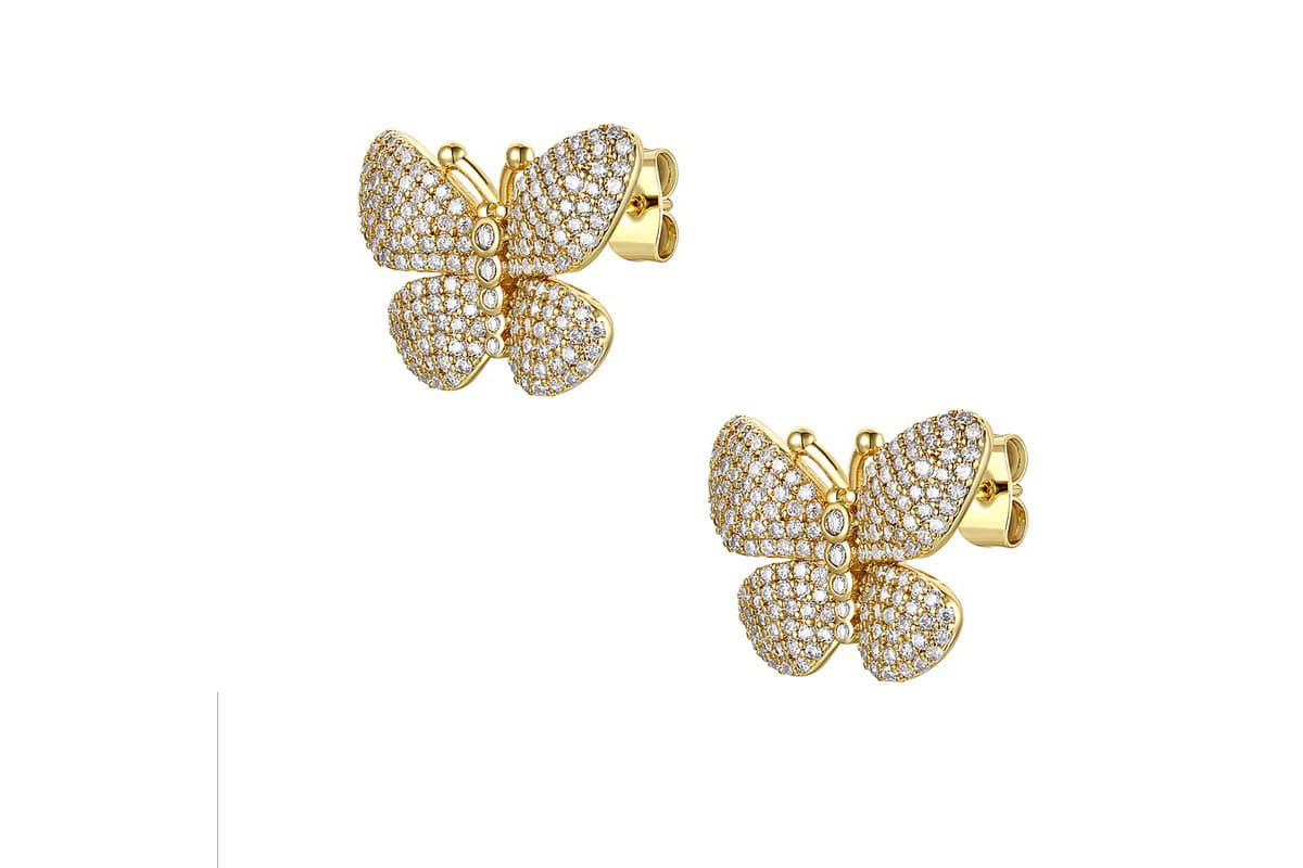 Lab Created 14K Gold Plated with Clear Cubic Zirconia French Pave Butterfly Stud Earrings