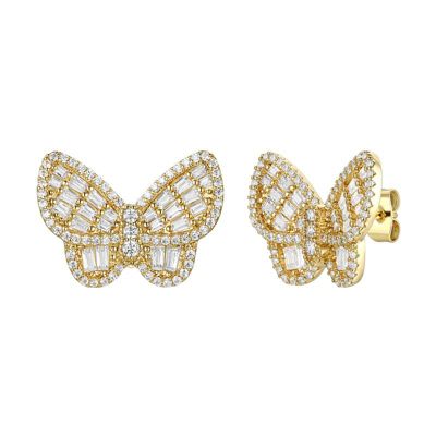 Rozzato Lab Created 14K Gold Plated Sterling Silver with Clear Cubic Zirconia Clusters Butterfly Stud Earrings