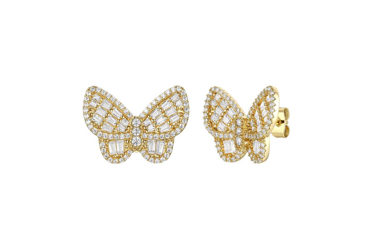 Lab Created 14K Gold Plated Sterling Silver with Clear Cubic Zirconia Clusters Butterfly Stud Earrings