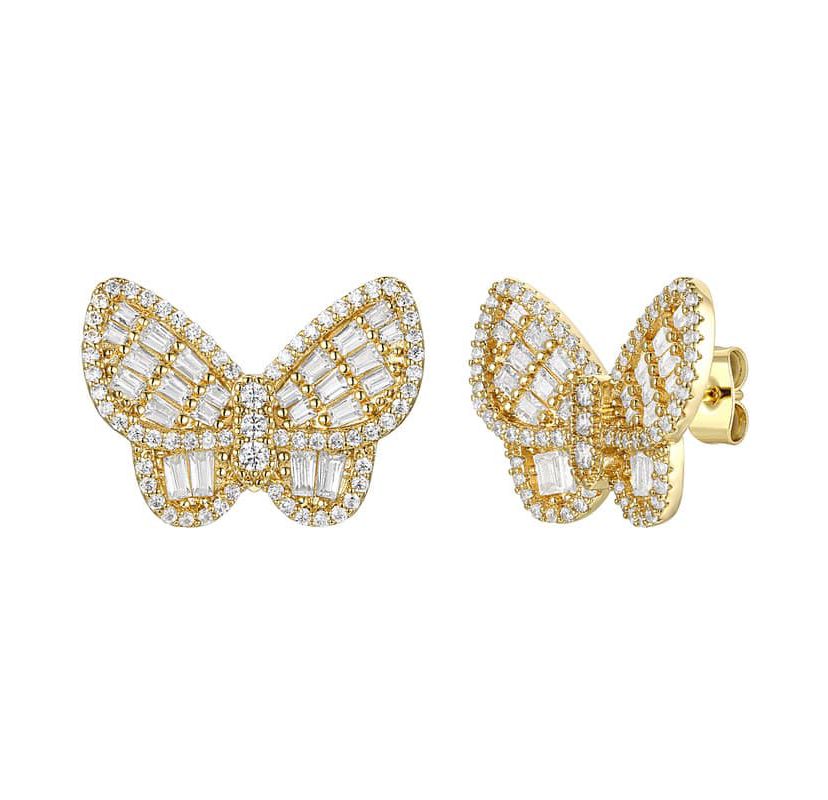 Lab Created 14K Gold Plated Sterling Silver with Clear Cubic Zirconia Clusters Butterfly Stud Earrings