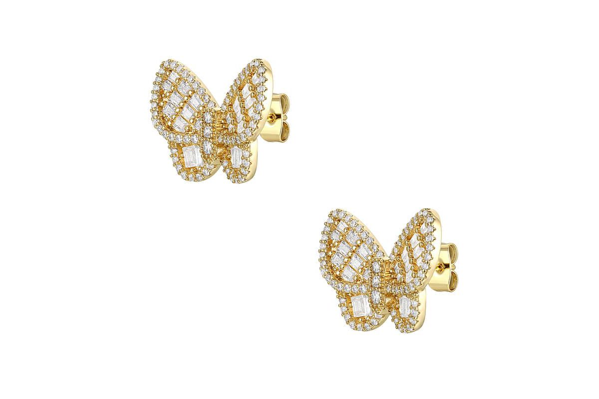 Lab Created 14K Gold Plated Sterling Silver with Clear Cubic Zirconia Clusters Butterfly Stud Earrings