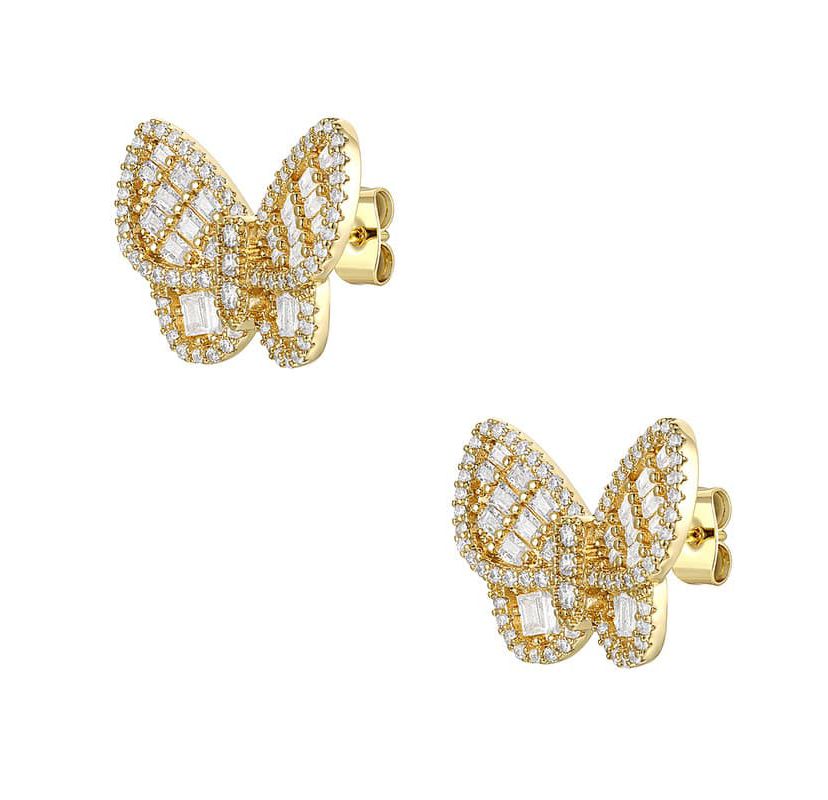 Lab Created 14K Gold Plated Sterling Silver with Clear Cubic Zirconia Clusters Butterfly Stud Earrings