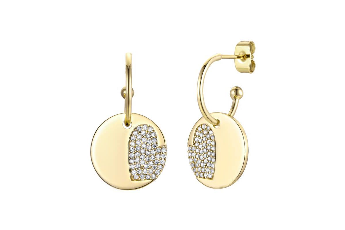 Lab Created 14K Gold Plated with Clear Cubic Zirconia Heart in Round Charm Dangle C-Hoop Earrings