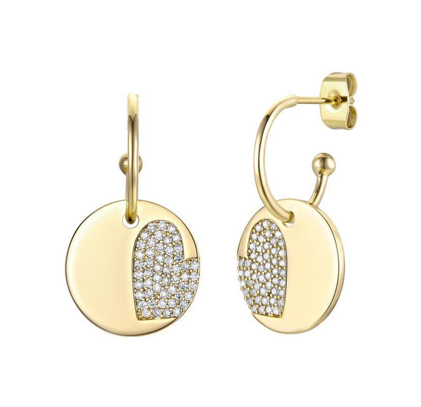 Lab Created 14K Gold Plated with Clear Cubic Zirconia Heart in Round Charm Dangle C-Hoop Earrings